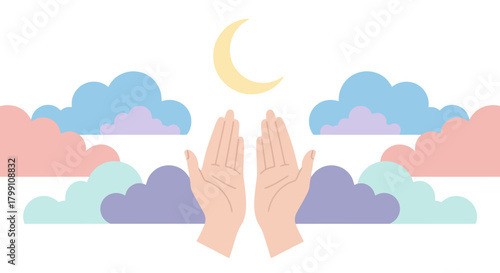 Hands raised to the moon surrounded by clouds. Concept of faith and spirituality.
