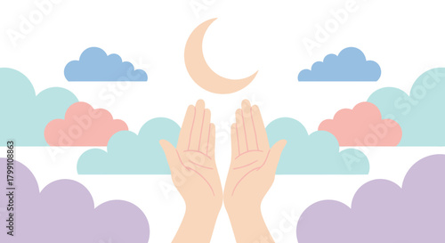 Hands reach for the moon in a dreamy pastel sky filled with fluffy clouds.