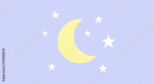 Crescent moon and stars on a light blue background. Night sky concept vector.