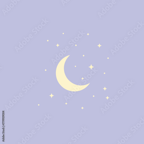 Crescent moon and stars on a light purple background create a celestial pattern.