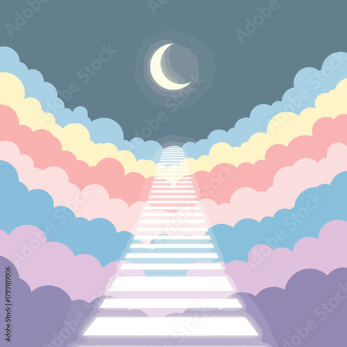 Stairway to heaven with colorful clouds and moon. Concept of dreams and hope.