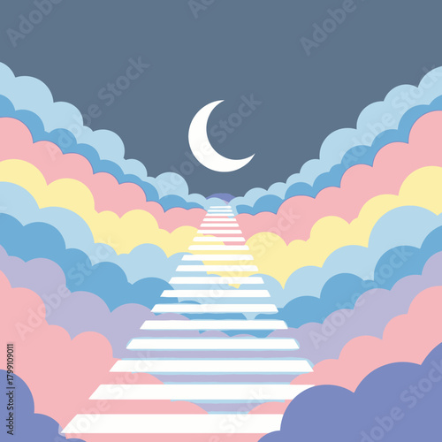 Stairway to heaven. Stairs among colorful clouds with moon in the background. Vector.