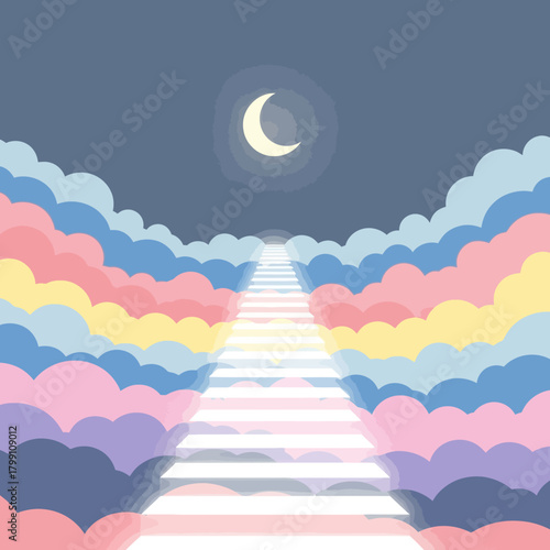 Stairway to heaven with pastel color clouds and moon. Hope and dream concept art.