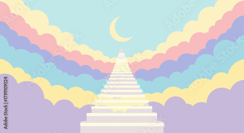 Stairway to heaven with moon, surrounded by colorful clouds. Dream and hope concept.