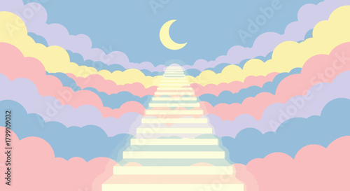 Stairway to heaven with moon and clouds in pastel colors. Dream and hope concept.