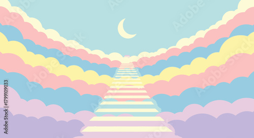 Stairway to heaven with pastel clouds and moon. Dreamlike vector illustration.
