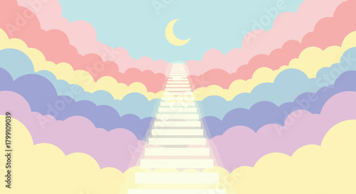 Stairway to heaven with moon and clouds in pastel colors. Success and hope concept.