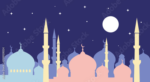 Mosque silhouette with moon and stars in night sky. Islamic design concept.