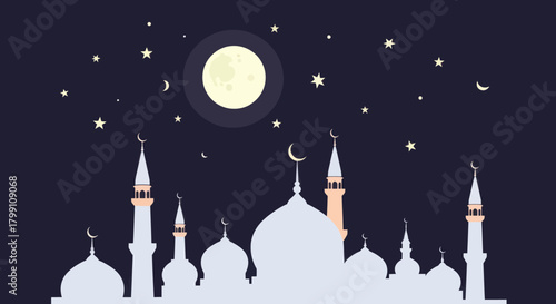 Mosque silhouette with moon and stars in the night sky for islamic design.