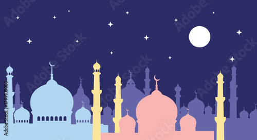 Mosque silhouette with moon and stars on dark blue background for muslim holiday.