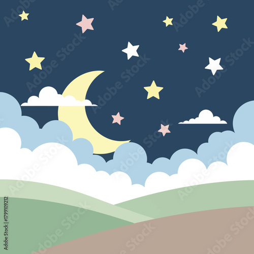Night landscape with moon, stars, and clouds in a minimalist cartoon style design.