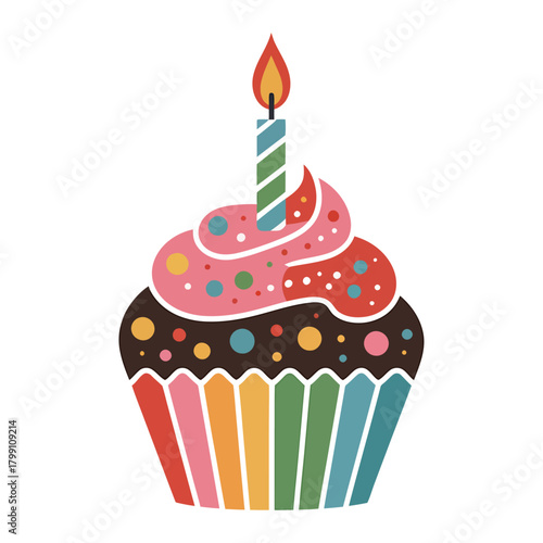 colorful cupcake illustration with swirling frosting sprinkles and a single lit candle for celebrations