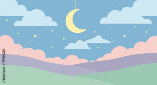 Pastel landscape with moon, clouds and stars in the sky. Dreamy, peaceful night.