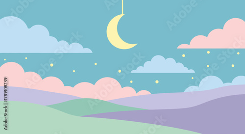Pastel landscape with moon, clouds and stars. Dreamy, tranquil scene, vector illustration.