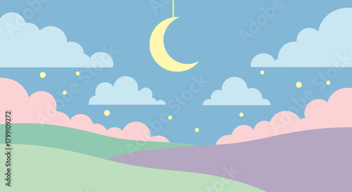 Pastel landscape with moon, clouds, and hills in soft colors. Dreamy, peaceful scene.