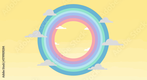Pastel rainbow circle with clouds on a yellow background. Weather concept design.