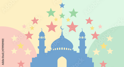 Pastel ramadan kareem background with mosque silhouette and colorful stars. Vector.