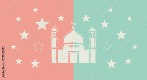 Ramadan kareem background with mosque and stars on pink and green. Islamic design.