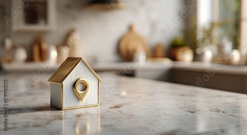 Vibrant photo of house location pin on marble countertop with blurred kitchen background