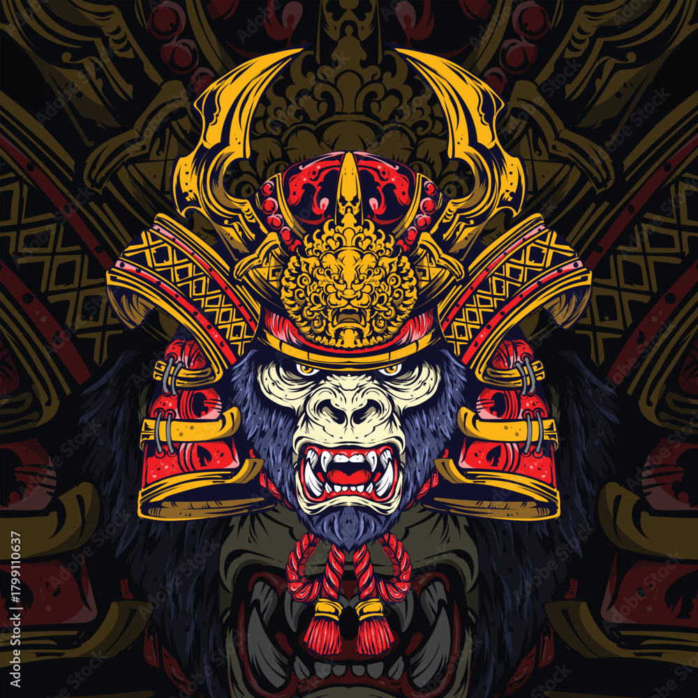 Fototapeta premium Gorilla Samurai Warrior Illustration – Powerful Animal Armor Artwork
