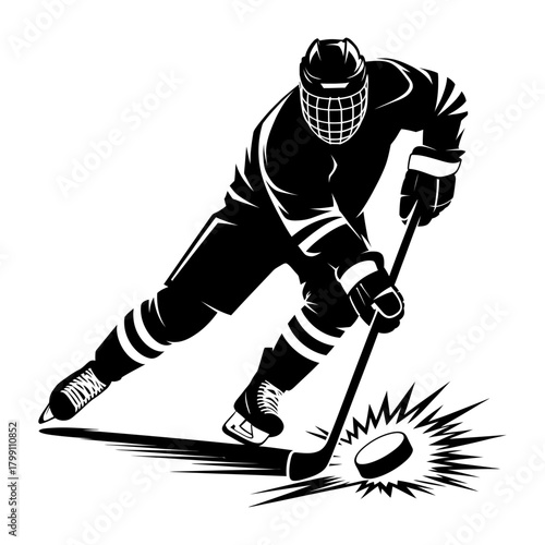intense hockey player silhouette striking puck with powerful motion in bold dynamic sports vector art
