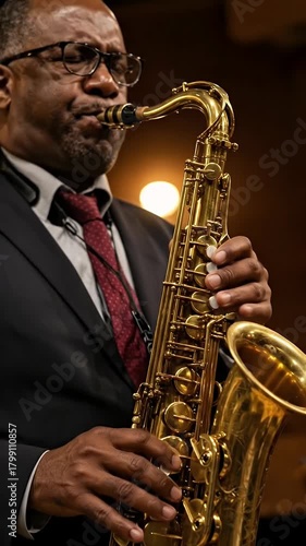 Man in Suit Playing Golden Saxophone with Red Tie and Glasses
