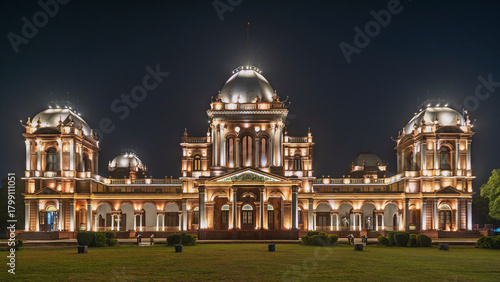 Night landscape view of illumnated facade of Noor Mahal historic palace, Bahawalpur, Punjab, Pakistan