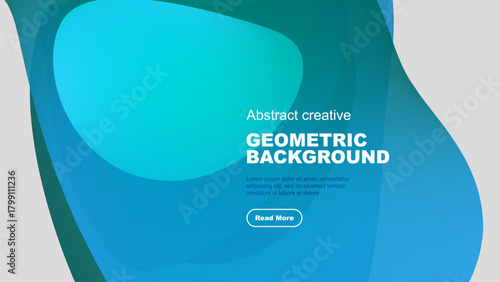 Abstract blue shapes overlap black background. Text promotes geometric design, includes read more button. Modern, vibrant composition.