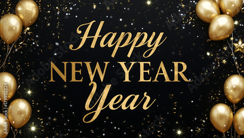 Golden Balloons and Confetti on Black Background Celebrating Happy New Year celebration