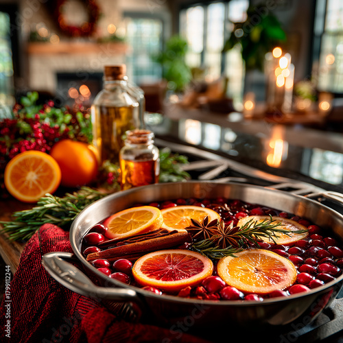 A stovetop simmer pot filled with orange slices, cranberries, and spices. The cozy kitchen setting features candles and fresh herbs, creating a warm winter aroma.