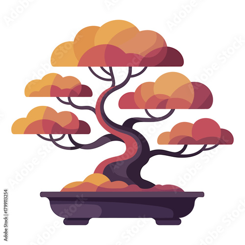 colorful geometric bonsai tree illustration with stylized branches and layered abstract foliage design