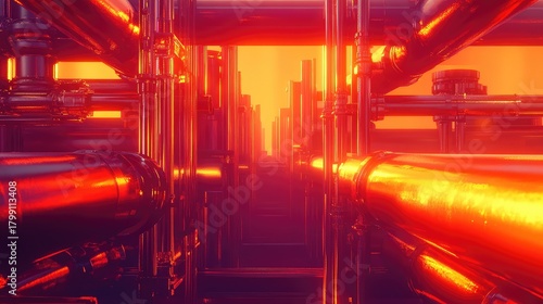 Fototapeta Naklejka Na Ścianę i Meble -  Industrial pipes creating a futuristic energy transmission tunnel concept