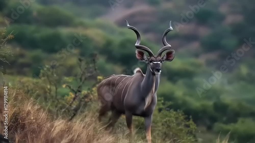 Majestic kudu antelope standing on hillside in natural habitat