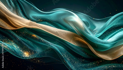Abstract waves of emerald green and gold glitter luxury backdrop wallpaper for modern design and elegant texture.