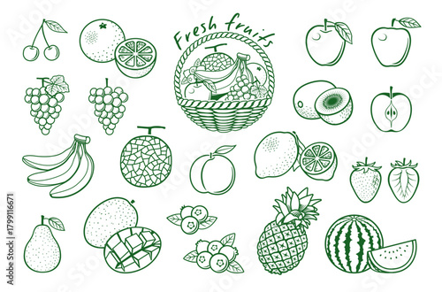 果物　フルーツ　線画イラスト　アイコンセット
