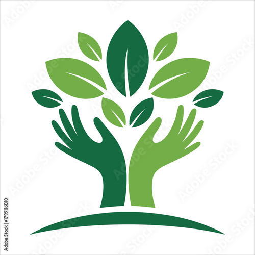 Abstract Human Hands and Natural Green Leaves Logo