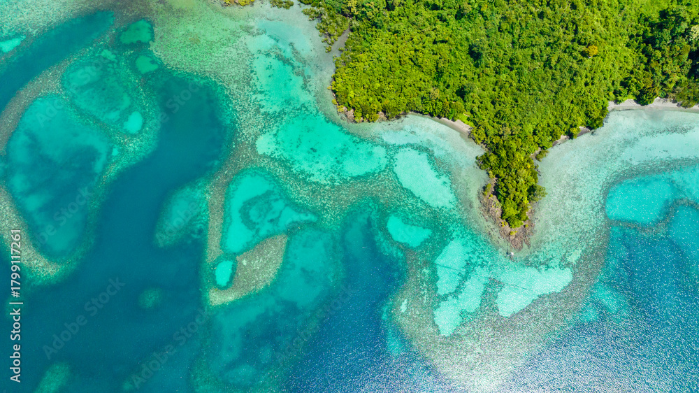 Naklejka premium Aerial view of lagoon with turquoise water in the bay of a tropical island. Borneo, Sabah, Malaysia.