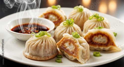 Steamed Chinese dumplings with green onions and soy sauce dip  