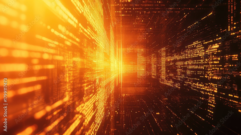 Fototapeta premium Digital data flowing through abstract orange cyberspace tunnel