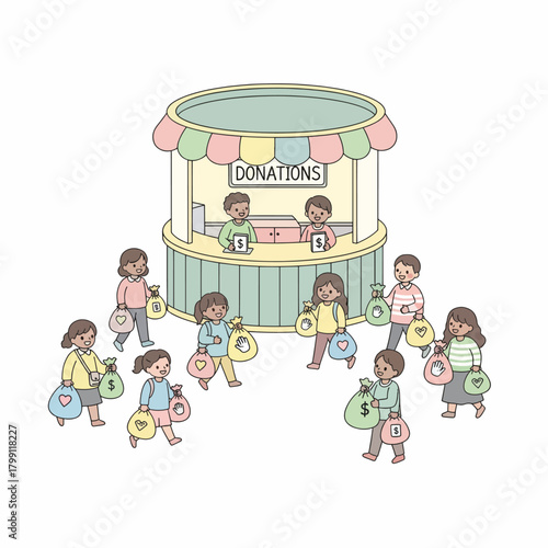 People donating items to a charitable cause at a donation booth, symbolizing generosity and community support