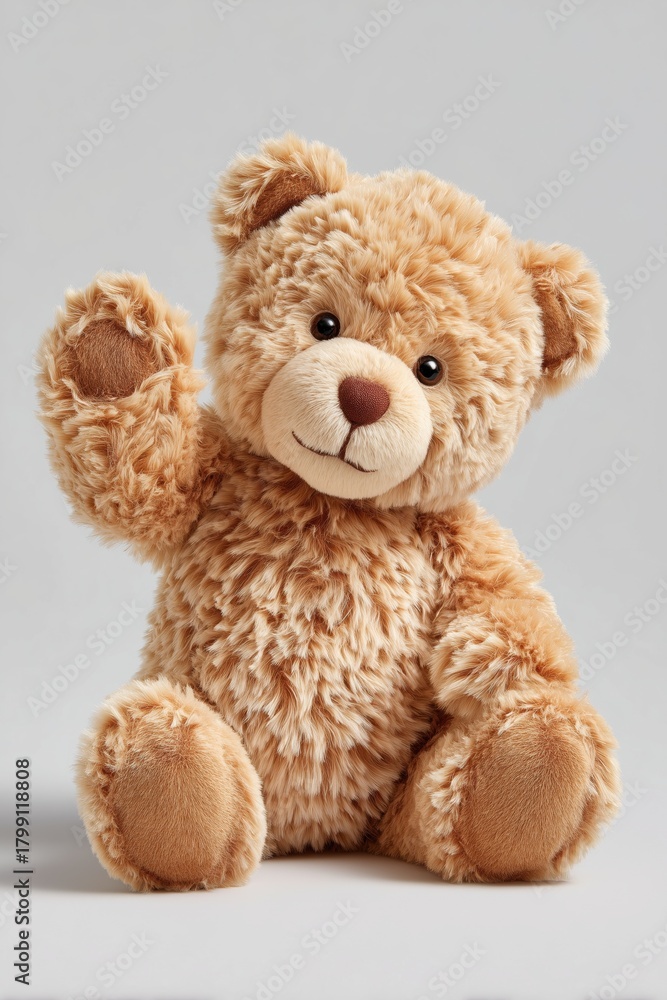 Fototapeta premium A cute, fluffy teddy bear with a light brown color and a friendly expression. The bear is sitting upright and waving one paw.