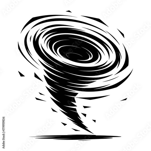 dynamic swirling tornado silhouette with abstract wind vortex motion in bold black vector illustration