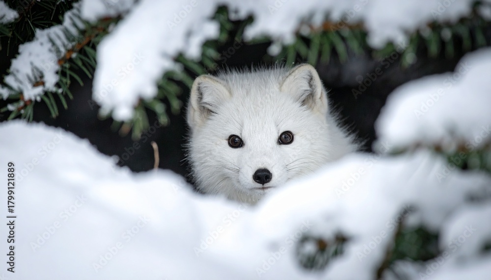 Obraz premium Arctic fox in winter wonderland snowy forest setting wildlife photography animal portrait winter scene.