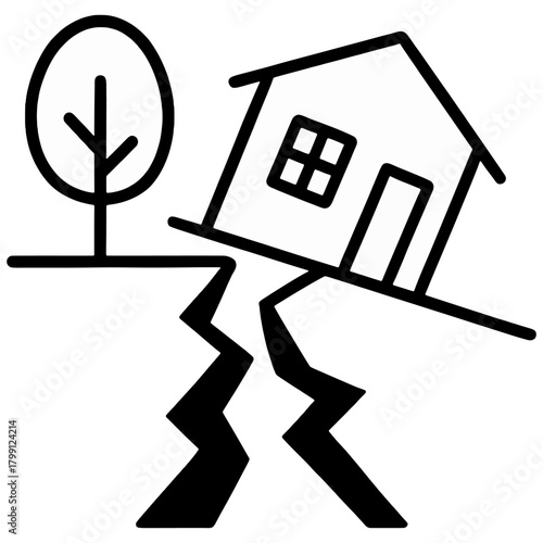 Earthquake Ground Crack with Tilted House Icon , symbolizing earthquake damage, seismic risk, and natural disasters