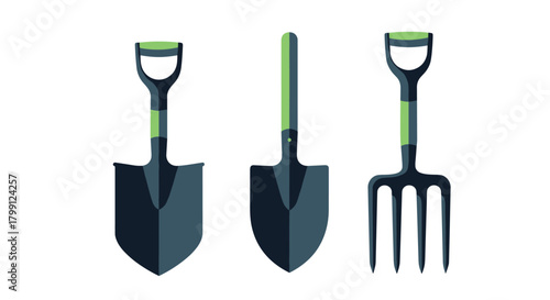 Three gardening tools including two shovels and a pitchfork on a white background.