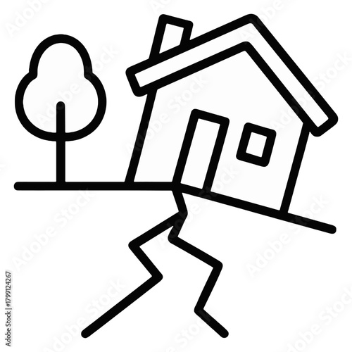 Earthquake Damage Icon with Cracked Ground and House , symbolizing earthquake impact, structural damage, and natural disaster risk