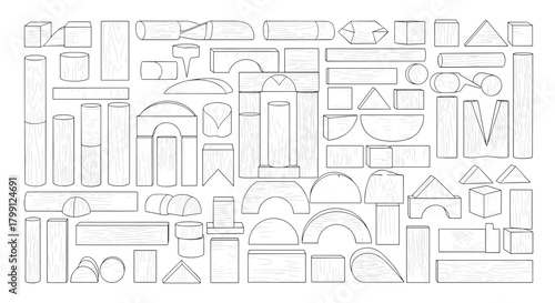 Collection of various wooden building blocks and shapes on a white background.