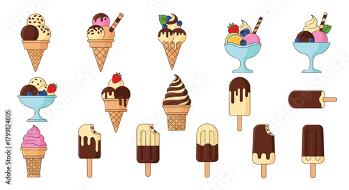 A collection of various ice cream cones, sundaes and popsicles in flat design style.