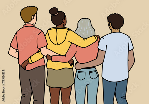 Diverse Group of Friends United, Back View Illustration