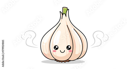 Cute cartoon garlic with rosy cheeks and steam coming out of its sides.